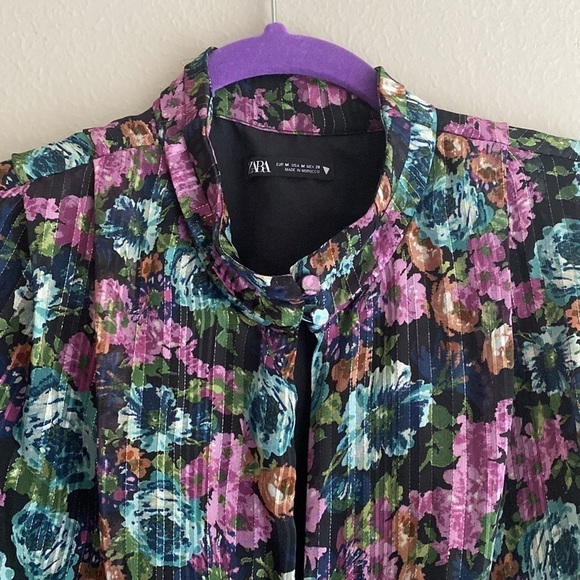 Zara Metallic Thread Floral High Neck Long sleeve Short Mini Dress Size M - Picture 6 of 13